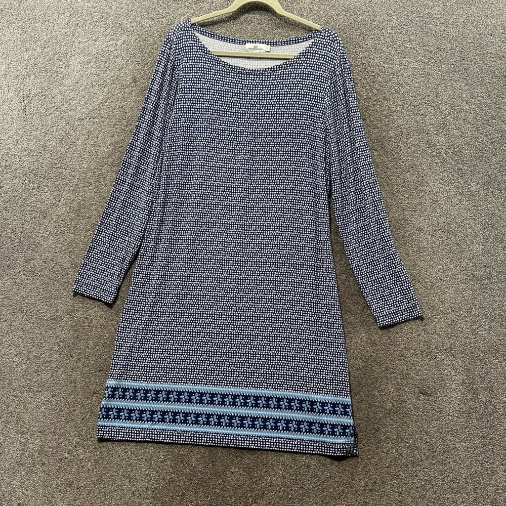 Vineyard Vines Shift Midi Dress Large Blue Dot‎ Print Long Sleeve Coastal Preppy